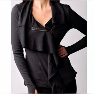 SHYANNE Elegant Black Vegan Suede Full Zip Ruffled Lapel Jacket